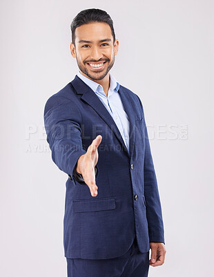 Buy stock photo Happy businessman, portrait and handshake for introduction, greeting or meeting against a grey studio background. Asian man shaking hands for business opportunity, hiring or deal in team agreement
