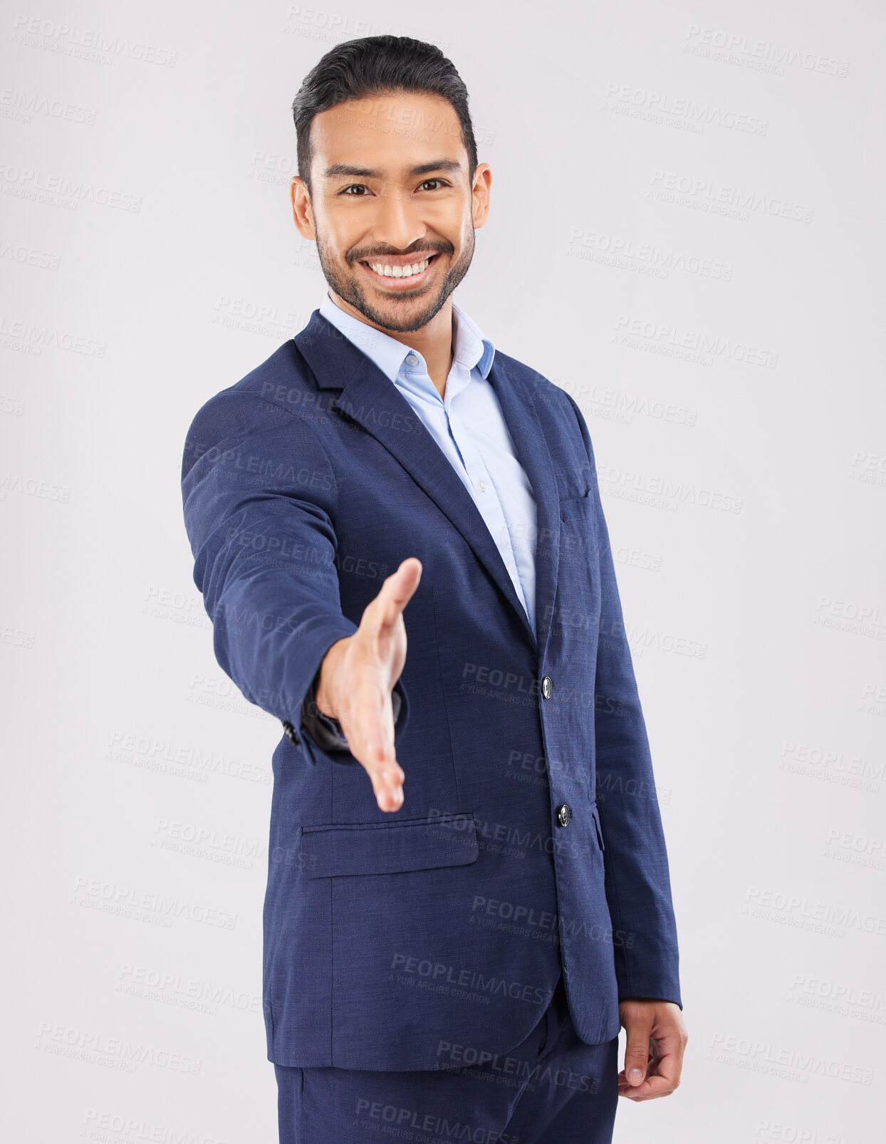 Buy stock photo Happy businessman, portrait and handshake for introduction, greeting or meeting against a grey studio background. Asian man shaking hands for business opportunity, hiring or deal in team agreement