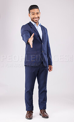 Buy stock photo Happy businessman, portrait and handshake for meeting, introduction or greeting against a grey studio background. Asian man shaking hands for business opportunity, hiring or deal in team agreement