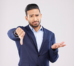 Studio portrait, thumbs down and business man with negative fail sign, no opinion vote or decision disagreement. Emoji gesture, problem and corporate person with bad feedback news on white background