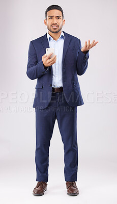 Buy stock photo Phone, crisis and asian man portrait in studio confused with scam, alert or internet glitch on grey background. Stress, smartphone and online problem for Japanese guy angry by spam, phishing or 404
