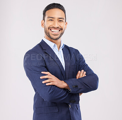 Buy stock photo Portrait, business and asian man in studio with arms crossed for professional style of broker, financial advisor or suit on white background. Happy investment planner, corporate fashion or confidence
