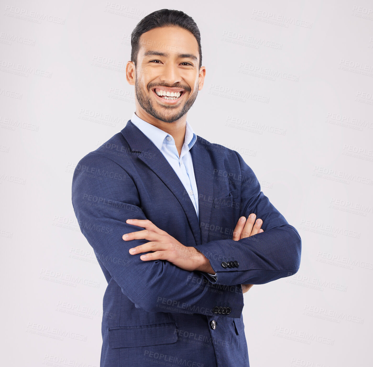 Buy stock photo Portrait, business and asian man in studio with arms crossed for professional style of broker, financial advisor or suit on white background. Happy investment planner, corporate fashion or confidence