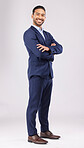 Portrait, business and asian man in studio with arms crossed for professional style of financial advisor trading in suit on white background. Happy entrepreneur, confident trader or corporate fashion