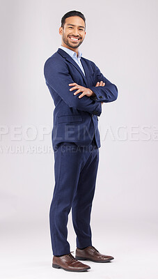 Buy stock photo Portrait, business and asian man in studio with arms crossed for professional style of financial advisor trading in suit on white background. Happy entrepreneur, confident trader or corporate fashion
