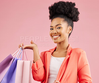 Buy stock photo Happy African woman, shopping bag and studio portrait for discount, sale or smile by pink background. Young gen z girl, promotion and excited for deal, retail customer experience or fashion for gift
