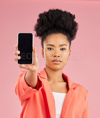 Buy stock photo Portrait of black woman, phone and screen in studio for contact info, website promo or social media. Cellphone, mobile app and model on pink background with online news announcement, offer or deal.