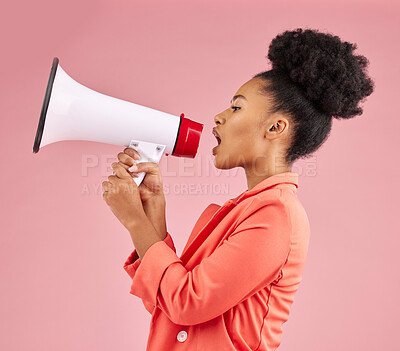 Buy stock photo Black woman, megaphone or announcement in studio on pink background for freedom of speech, noise and breaking news. Female model, shouting and voice for attention, audio speaker and broadcast opinion
