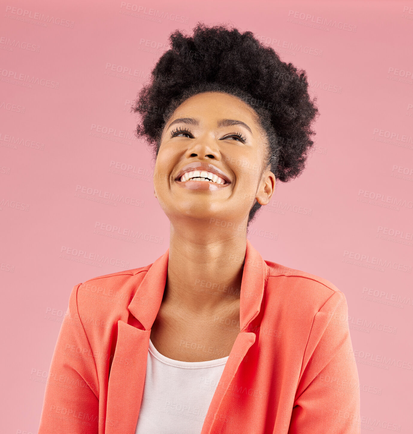 Buy stock photo Business woman, happy and laugh in studio with smile feeling excited and proud from advertising job. African female person, funny and pink background with creative success and professional employee 