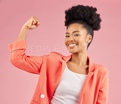 Buy stock photo Portrait, black woman and flex for power, energy and happiness against a studio background. Face, female person and model with strength, arm muscle and achievement with success, challenge and winning