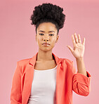 African woman, hand and stop in portrait, studio or opinion for protest, vote or icon by pink background. Girl, open palm and sign language with voice, emoji and afro with review, feedback or warning