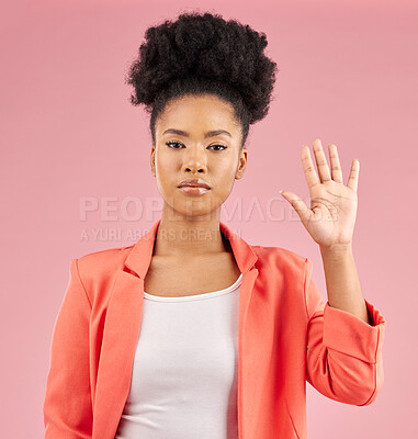 Buy stock photo African woman, hand and stop in portrait, studio or opinion for protest, vote or icon by pink background. Girl, open palm and sign language with voice, emoji and afro with review, feedback or warning