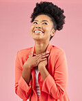 Business woman, proud and studio with a smile feeling excited and happy from advertising job. African female person, worker and pink background with creative employee with confidence of professional