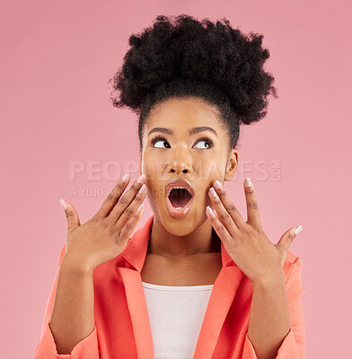 Wow, surprise and thinking with a black woman in shock for beauty or idea in studio or pink background with a choice or planning. Shocked, face and person with question about skincare or fashion