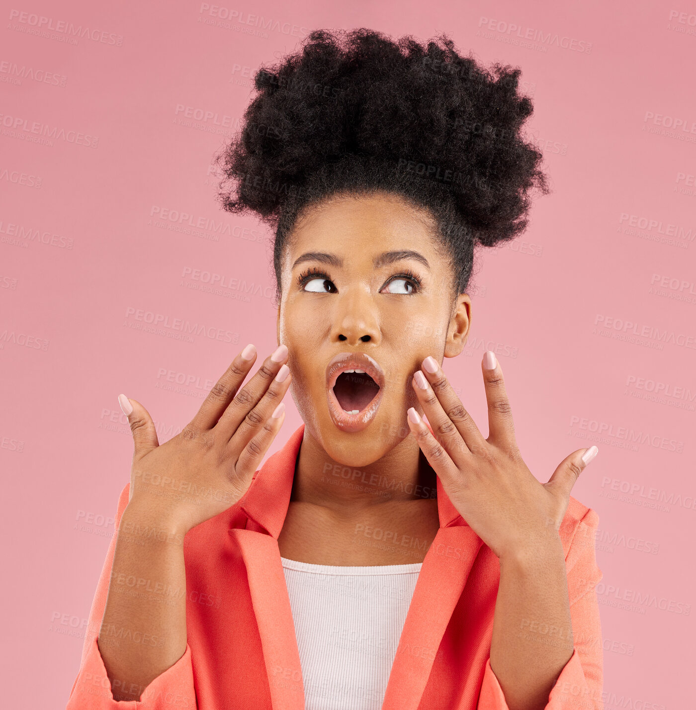 Buy stock photo Wow, surprise and thinking with a black woman in shock for beauty or idea in studio or pink background with a choice or planning. Shocked, face and person with question about skincare or fashion
