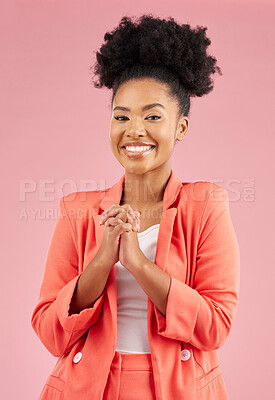 Buy stock photo Business woman, happy and portrait in studio with a smile feeling excited and proud from advertising job. African female person, worker and pink background with creative employee with confidence