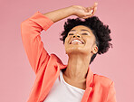 Fashion, beauty and thinking with a black woman laughing in studio isolated on pink background for trendy style. Smile, hair and comedy with a happy young female comic posing in a clothes outfit