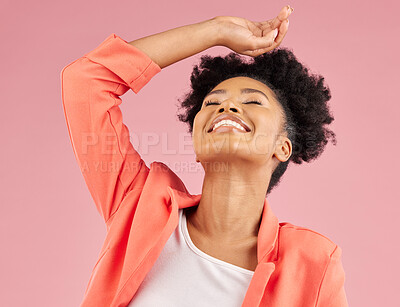 Buy stock photo Fashion, beauty and thinking with a black woman laughing in studio isolated on pink background for trendy style. Smile, hair and comedy with a happy young female comic posing in a clothes outfit