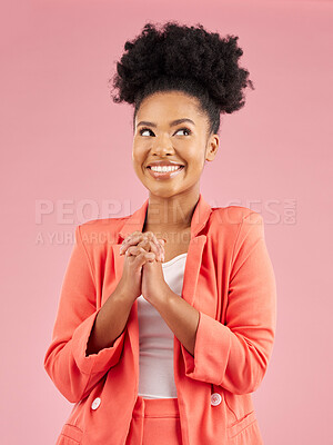 Buy stock photo Business woman, happy and studio with a smile feeling excited and hope from new job. African female person, worker and pink background with confident creative employee and thinking of wish and dream