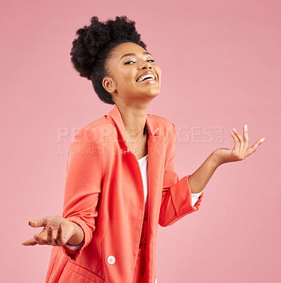 Buy stock photo Smile, excited and portrait of a woman in a studio with a doubt, choice or decision gesture. Happy, confident and young African female model with a dont know expression isolated by a pink background.