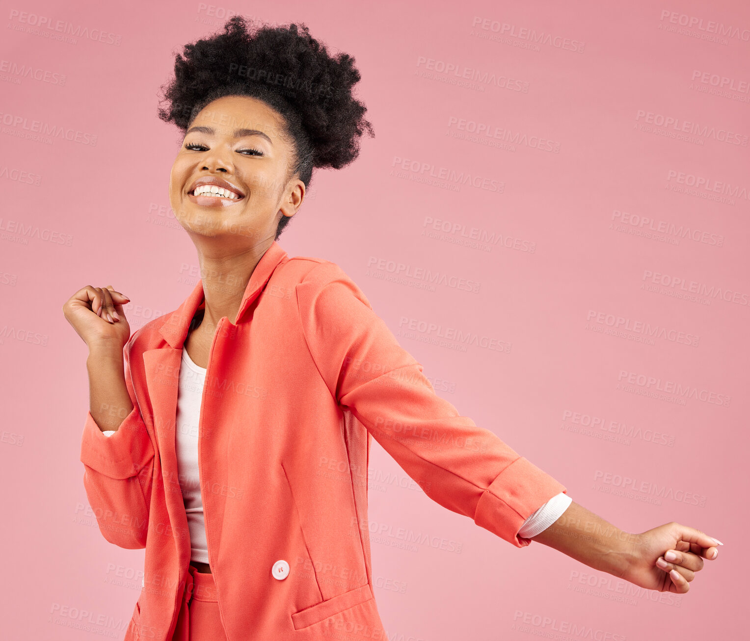 Buy stock photo Happy, dance and portrait of a woman in a studio with music, playlist or album for celebration. Happiness, smile and young African female model moving to a song isolated by a pink background.