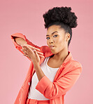 Portrait of black woman, hands and money gesture in studio for wealth, financial success or celebrate bonus prize on pink background. Lottery, celebration or hand sign for spending cash or bills