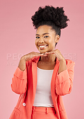 Buy stock photo Portrait, fashion and beauty with an afro woman in studio isolated on pink background for trendy style. Smile, hair and face with a happy or confident young african person posing in a clothes outfit