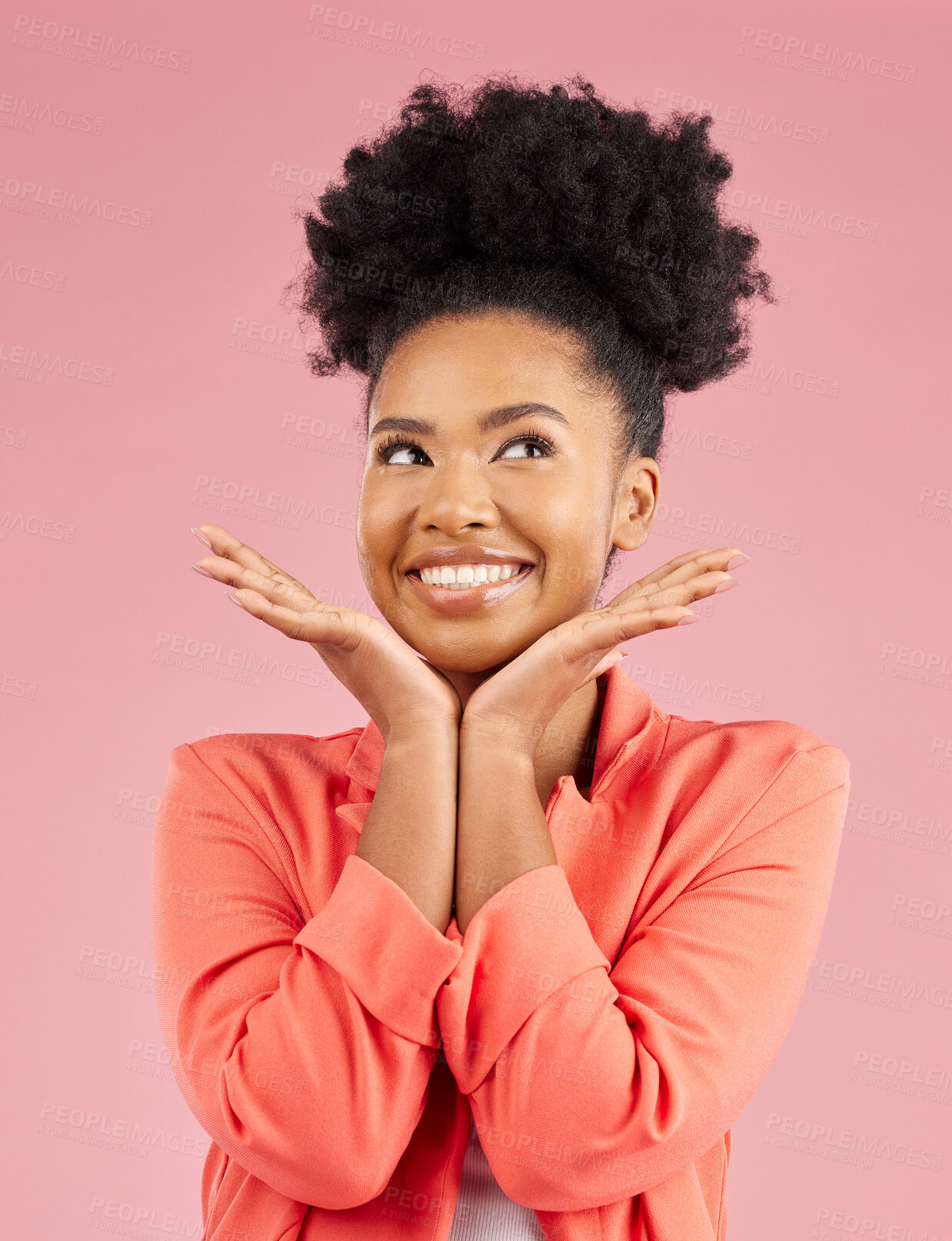 Buy stock photo Fashion, beauty and thinking with an afro woman in studio isolated on pink background for trendy style. Smile, hair and idea with a happy or confident young african person posing in a clothes outfit