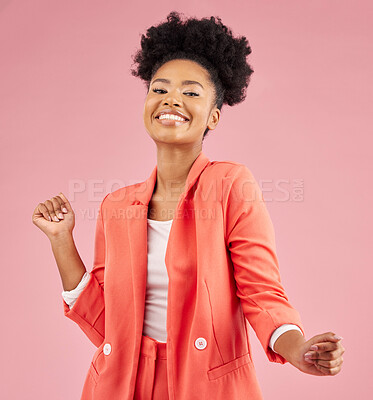 Buy stock photo Smile, dancing and portrait of a woman in a studio with music, playlist or album for celebration. Happiness, excited and young African female model moving to a song isolated by a pink background.