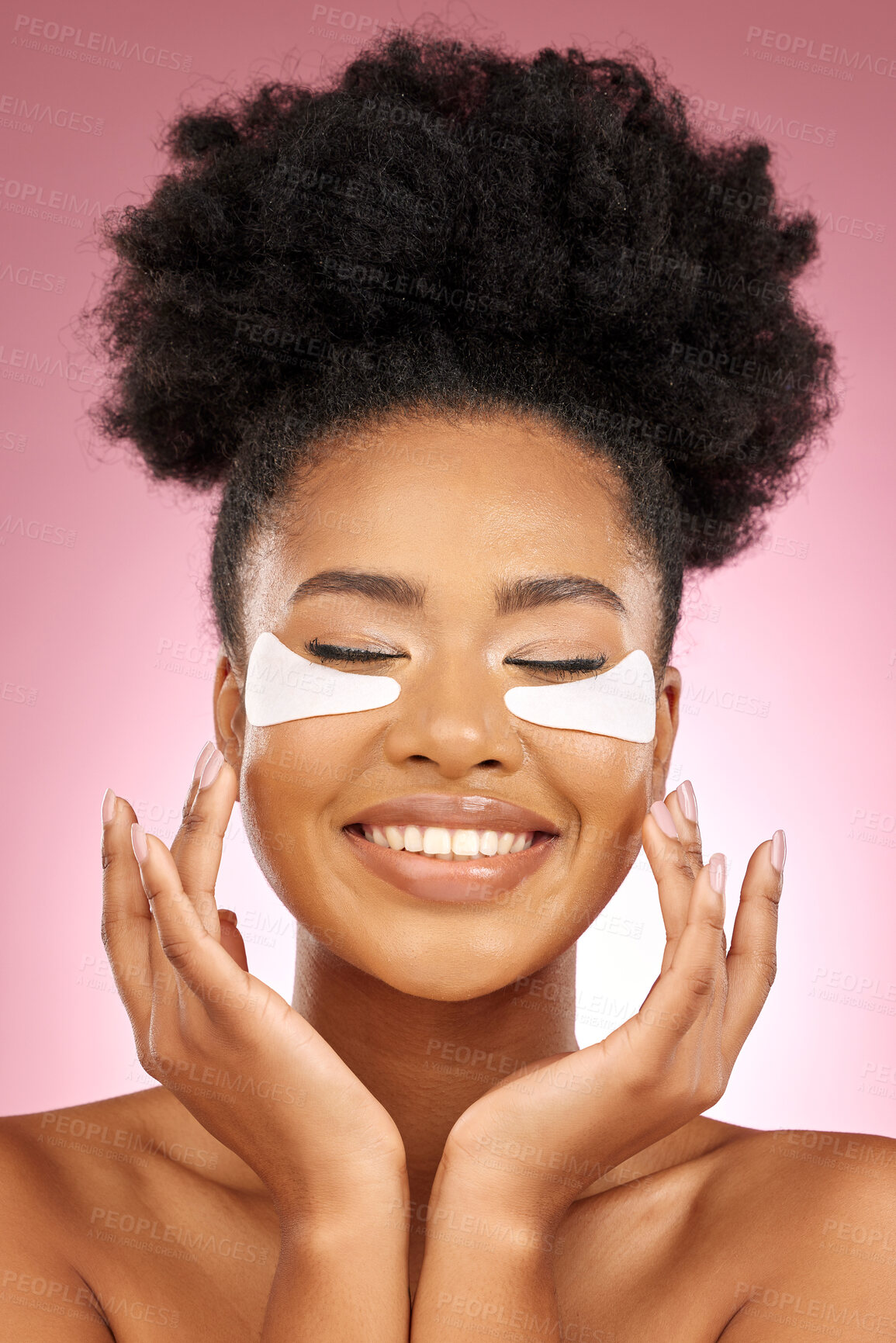 Buy stock photo Woman, hyaluronic acid or eyes pad for beauty, cosmetic or skin product in studio by pink background. African girl, model or facial self care for glow, natural skincare or happy for aesthetic results