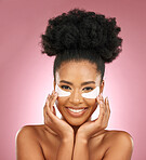Skincare, portrait and black woman with patches on eyes, cosmetics and dermatology on pink background. Beauty, collagen and happy model with eye mask for healthy skin glow, smile and care in studio.