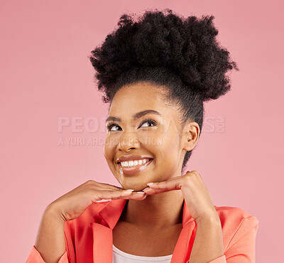Buy stock photo Business woman, happy and thinking in studio with smile feeling excited and proud from advertising job. African female person and pink background with creative employee with professional work