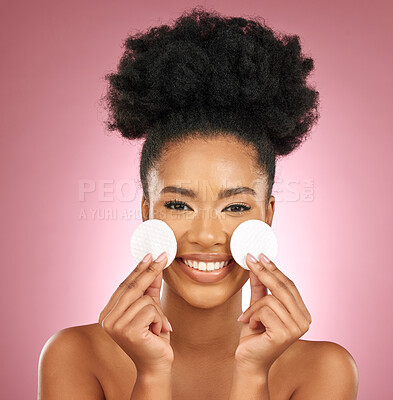 Buy stock photo Portrait, cotton pad and black woman with skincare, makeup and dermatology on a studio background. Female person, face or model with cosmetics, aesthetic and cleaning with wellness, shine and patches