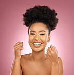 Black woman, portrait and floss teeth in studio for smile, dental hygiene and care of gum gingivitis on pink background. Happy female model, oral cleaning and thread for fresh breath or healthy habit
