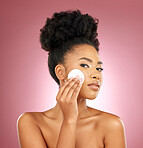 Black woman, cotton pad and portrait with makeup, dermatology and skincare on a studio background. Female person, shine and model with cosmetics, aesthetic and cleaning with beauty, glow and patches
