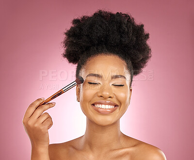 Buy stock photo Makeup, smile and black woman with brush, natural beauty and skincare on a studio background. Female person, aesthetic and happy model with cosmetic tools, grooming and dermatology with self care
