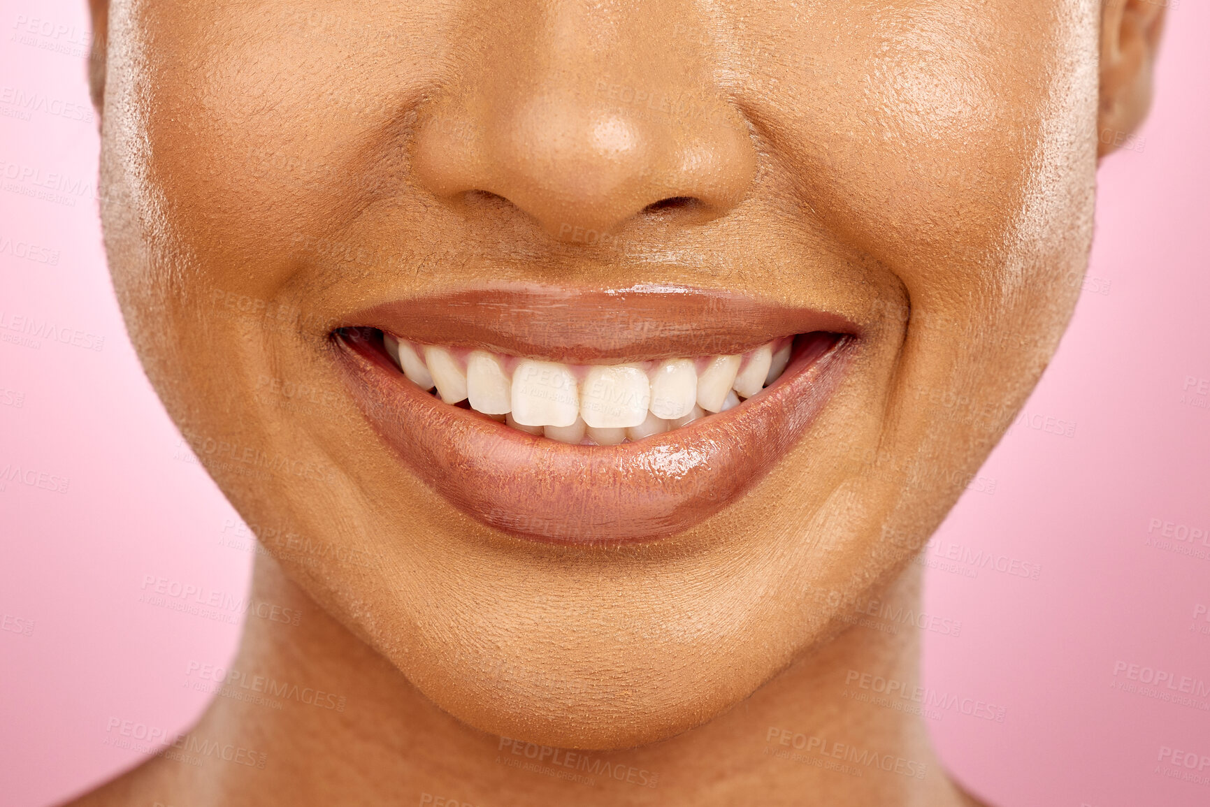 Buy stock photo Woman, mouth and healthy smile in studio for dentistry, teeth whitening or veneers by pink background. Girl, model and clean with dental healthcare, beauty and wellness with glow on facial skin