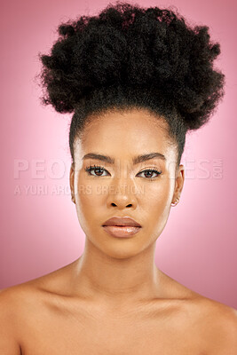 Buy stock photo Portrait, skincare and black woman with makeup, dermatology and grooming against a pink studio background. Face, female person and model with cosmetics, shine and glow with natural beauty and luxury