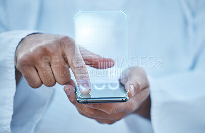 Buy stock photo Hands, phone and closeup with hologram overlay, 3d ux or typing for user experience, contact or search at karate club. Fingers, smartphone and holographic ui for scroll, click or press for mobile app