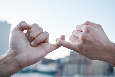 Buy stock photo Hands, pinky finger and promise, trust and support for solidarity, cooperation and deal on mockup space outdoor. Teamwork, collaboration and people with commitment, link and guarantee for agreement