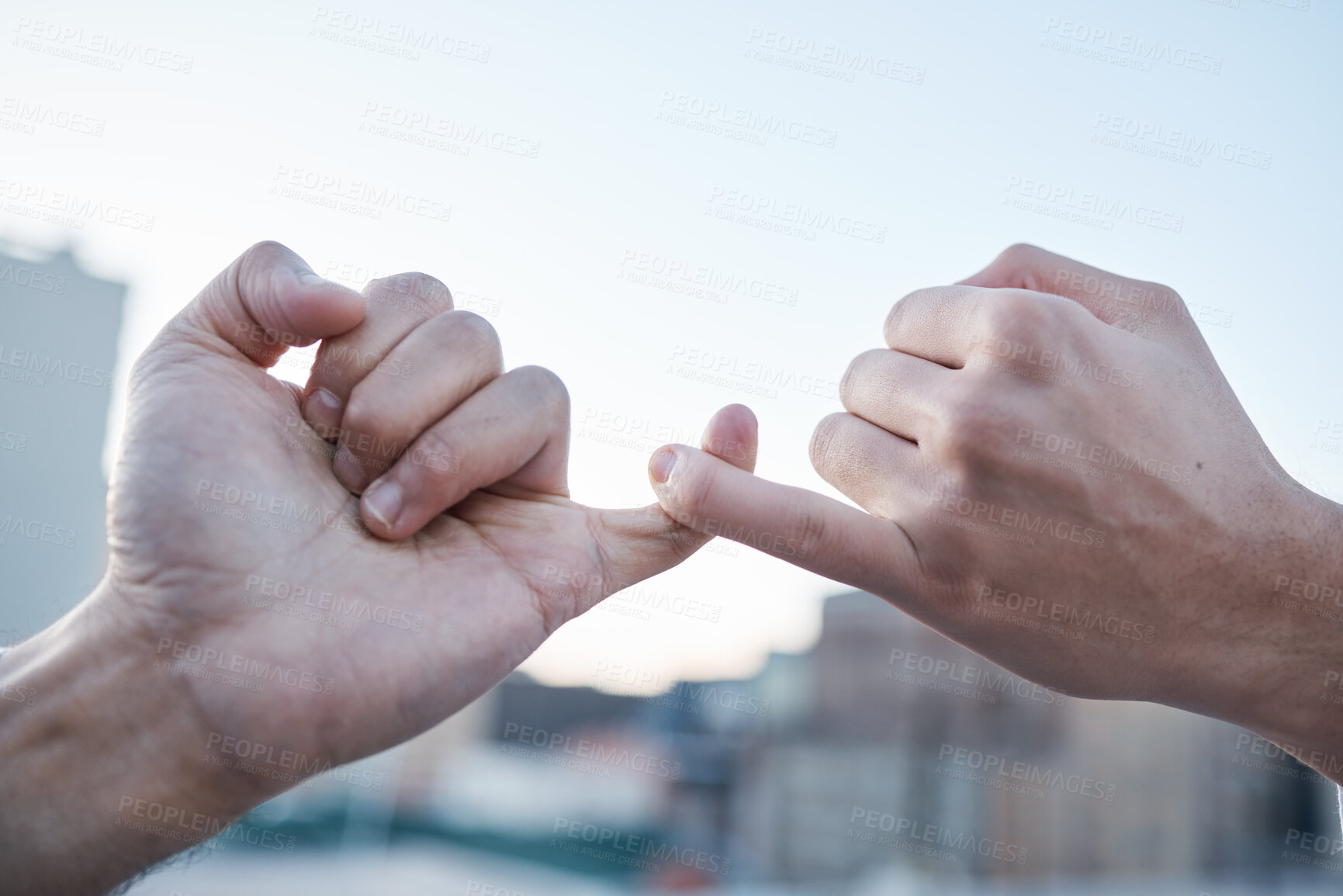 Buy stock photo Hands, pinky finger and promise, trust and support for solidarity, cooperation and deal on mockup space outdoor. Teamwork, collaboration and people with commitment, link and guarantee for agreement