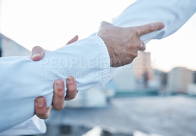 Buy stock photo Teamwork, hands and business men with support, unity and collaboration, integration and deal outdoor. Partnership, closeup and male team in agreement, support and commitment, solidarity or help