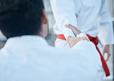 Buy stock photo Martial arts men, handshake and fight for sport, training or exercise with teacher, master and guide. Fitness partnership, mentor or coach with shaking hands for karate in contest, competition or gym