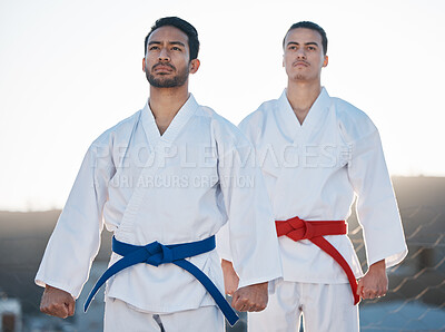 Buy stock photo Men, karate team and outdoor training with mindset, thinking and start workout in morning for development. Martial arts partnership, together and sunshine with focus for exercise, coaching or sports