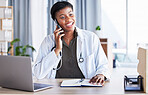 Black woman, doctor and phone call for healthcare consulting, conversation or chat support in clinic. Happy female therapist, medical worker or talking on mobile cellphone for telehealth consultation