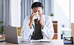 Sick, doctor and a black woman blowing nose in an office as a healthcare employee at a desk. Table, hospital and an African nurse or medical worker sneezing into a tissue with a virus or covid