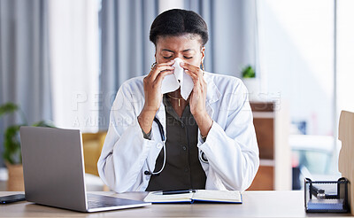 Buy stock photo Sick, doctor and a black woman blowing nose in an office as a healthcare employee at a desk. Table, hospital and an African nurse or medical worker sneezing into a tissue with a virus or flu