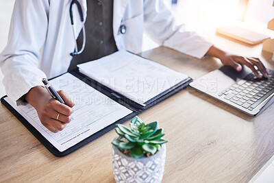 Buy stock photo Doctor hands, insurance and writing at desk, typing and laptop for report, results or ideas for healthcare. Medic, book and pen for paperwork, compliance and info in notebook by computer in hospital