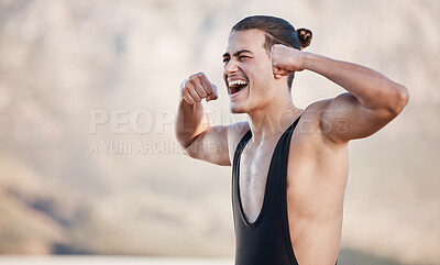 Buy stock photo Strong wrestling man, winner and celebration with fist, muscle and scream for victory, success or goal outdoor. Young athlete, happy and achievement in fight, mma or sports competition with fitness