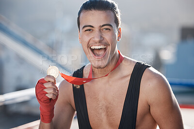 Buy stock photo Winner, wrestler or portrait of happy man with medal to celebrate winning a wrestling competition with pride. Success, fitness or excited athlete with fighting victory award, gold or prize in a ring